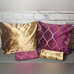4 x Pillow Covers 2 Super Soft Gold Velvet and 2 Super Soft Purple & Gold Velvet
